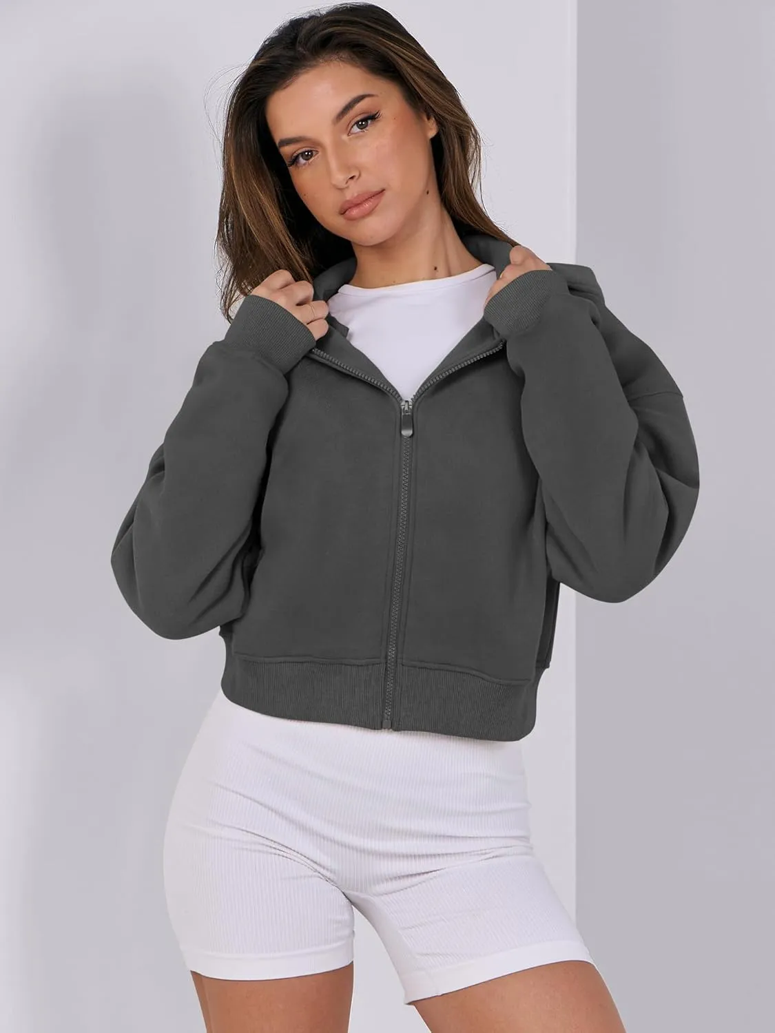 ANRABESS Womens Zip Up Crop Hoodie Sweatshirts 2024 Fall Trendy Long Sleeve Cropped Jacket Top Winter Teen Girls Clothes