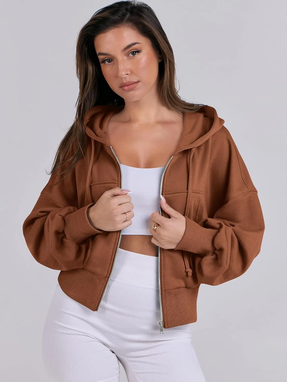 ANRABESS Women's Zip Up Hoodies Cropped Sweatshirts Casual Zip Jackets 2025 Fashion Trendy Spring Summer Outfits