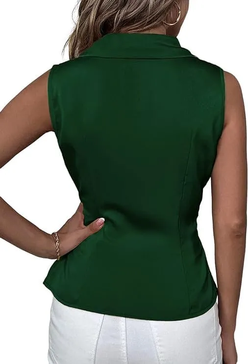 Apvirdy Tank Top for Women Satin Wrap V Neck Ruched Blouse Shirts Solid Color Stretch Tank Tops with Asymmetric Hem