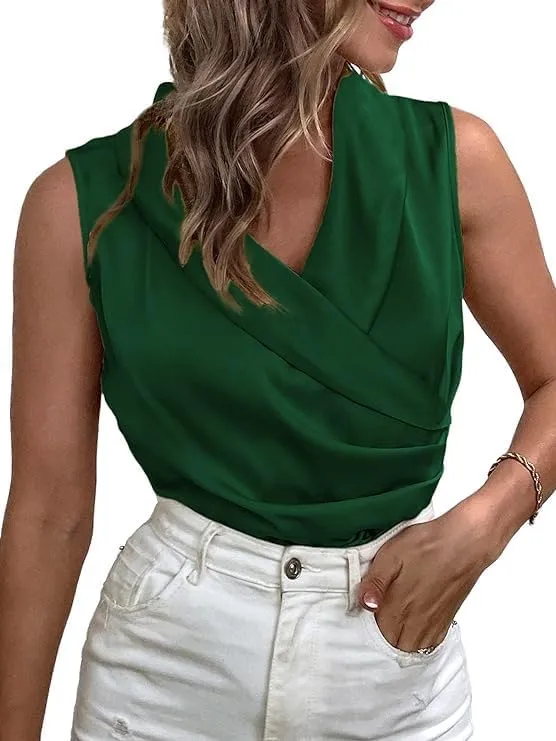 Apvirdy Tank Top for Women Satin Wrap V Neck Ruched Blouse Shirts Solid Color Stretch Tank Tops with Asymmetric Hem