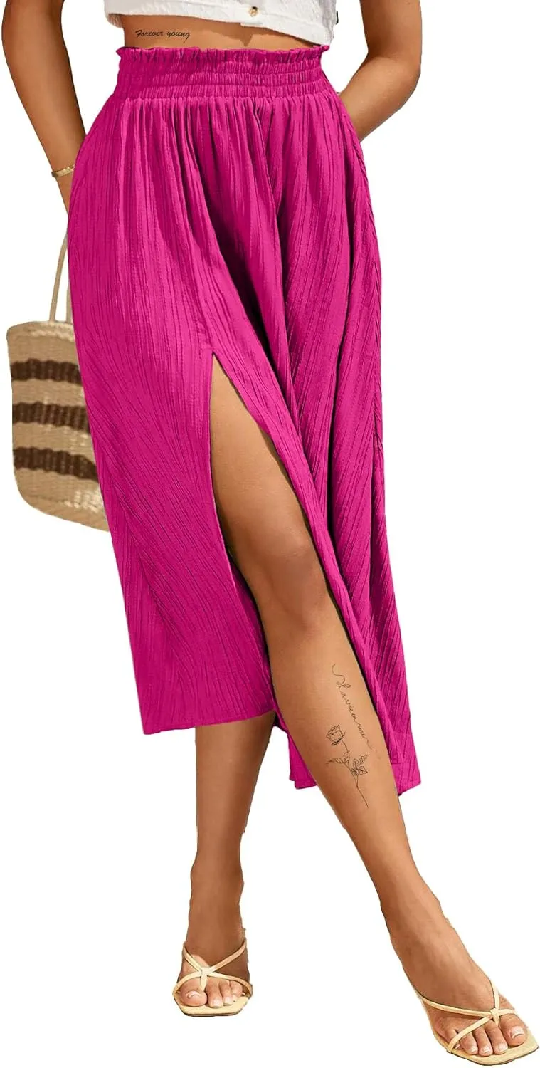 Avanova Women Slit Split High Waist Pleated Long Skirt Elastic Flowy Midi Skirt