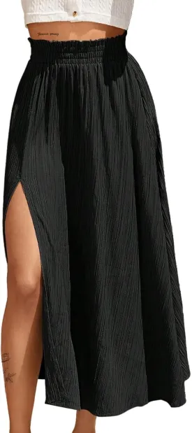 Avanova Women Slit Split High Waist Pleated Long Skirt Elastic Flowy Midi Skirt