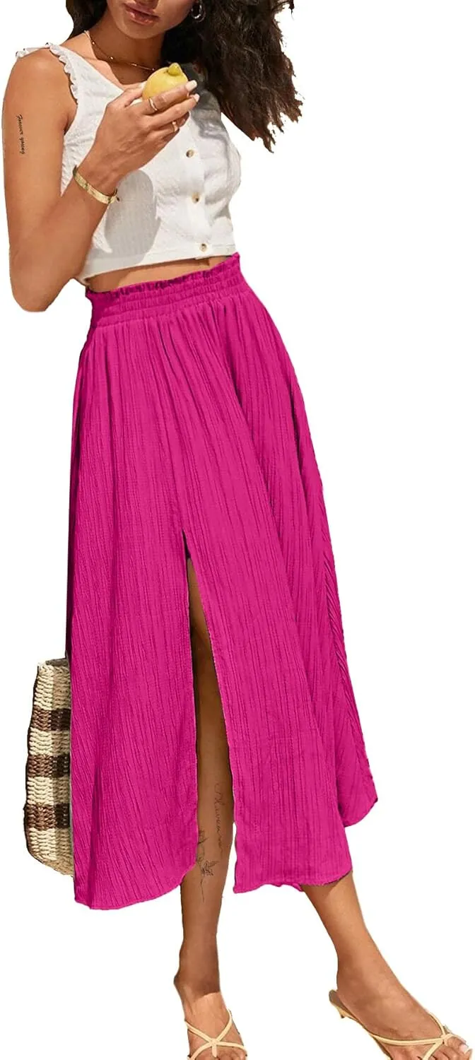 Avanova Women Slit Split High Waist Pleated Long Skirt Elastic Flowy Midi Skirt