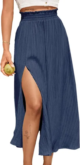 Avanova Women Slit Split High Waist Pleated Long Skirt Elastic Flowy Midi Skirt