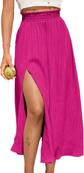 Avanova Women Slit Split High Waist Pleated Long Skirt Elastic Flowy Midi Skirt