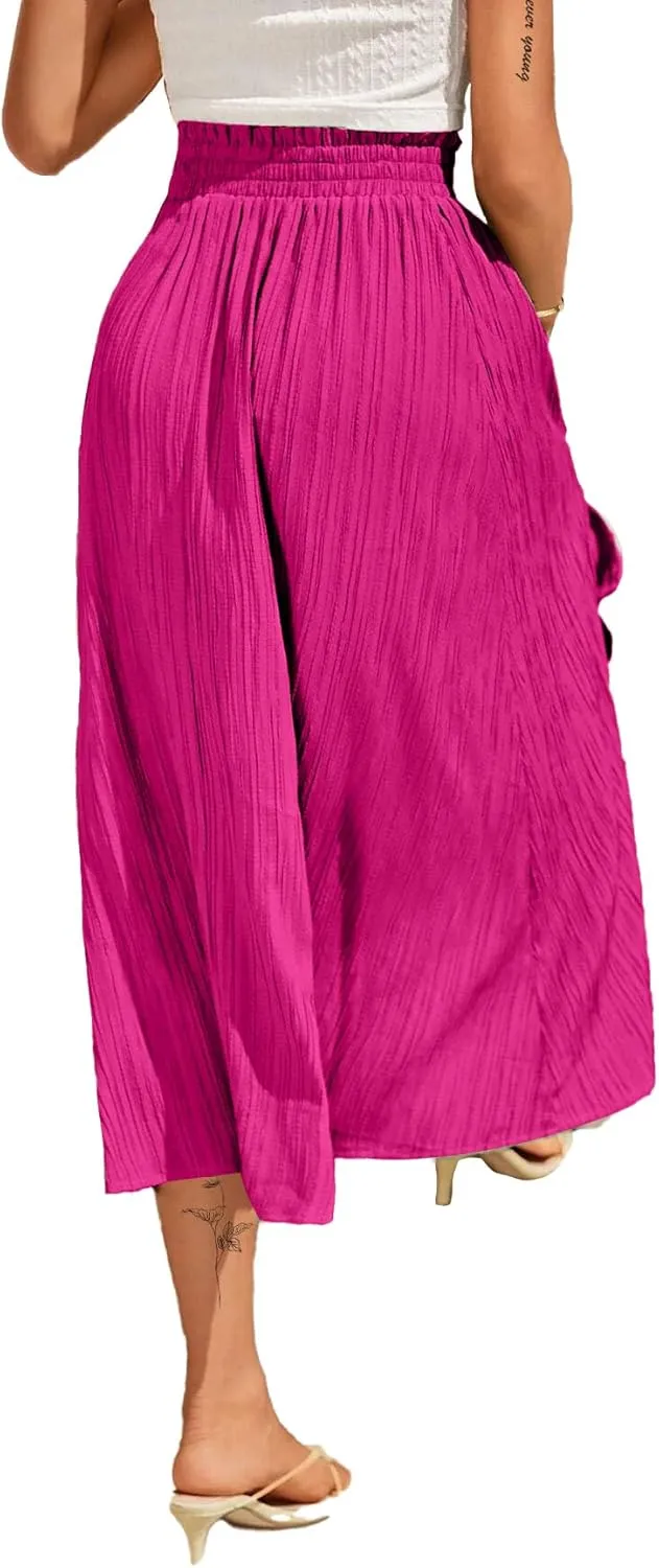 Avanova Women Slit Split High Waist Pleated Long Skirt Elastic Flowy Midi Skirt