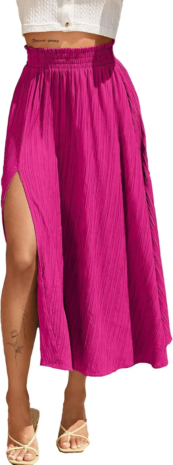 Avanova Women Slit Split High Waist Pleated Long Skirt Elastic Flowy Midi Skirt