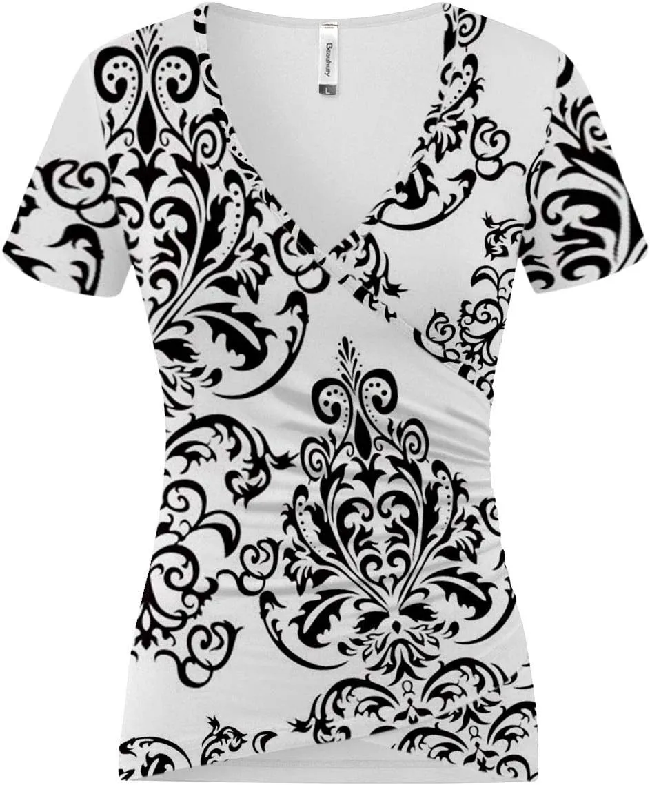 Beauhuty Women's Top Deep V Neck Slim Fitted T-Shirt Front Wrap Ruched Short Sleeve Tee