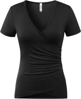 Beauhuty Women's Top Deep V Neck Slim Fitted T-Shirt Front Wrap Ruched Short Sleeve Tee