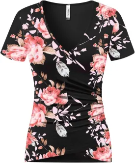 Beauhuty Women's Top Deep V Neck Slim Fitted T-Shirt Front Wrap Ruched Short Sleeve Tee