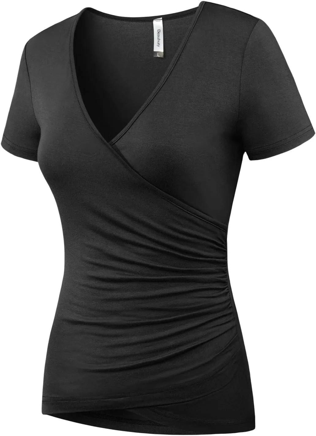 Beauhuty Women's Top Deep V Neck Slim Fitted T-Shirt Front Wrap Ruched Short Sleeve Tee