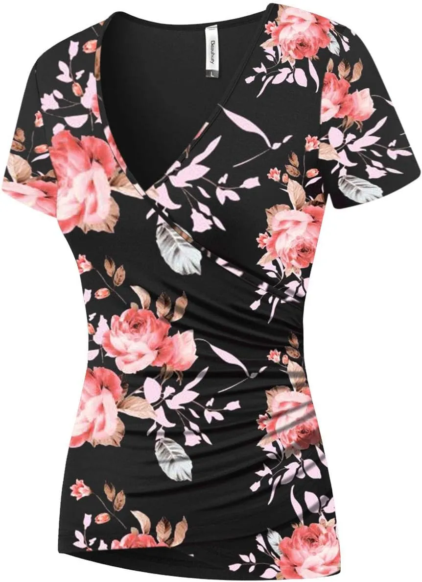 Beauhuty Women's Top Deep V Neck Slim Fitted T-Shirt Front Wrap Ruched Short Sleeve Tee