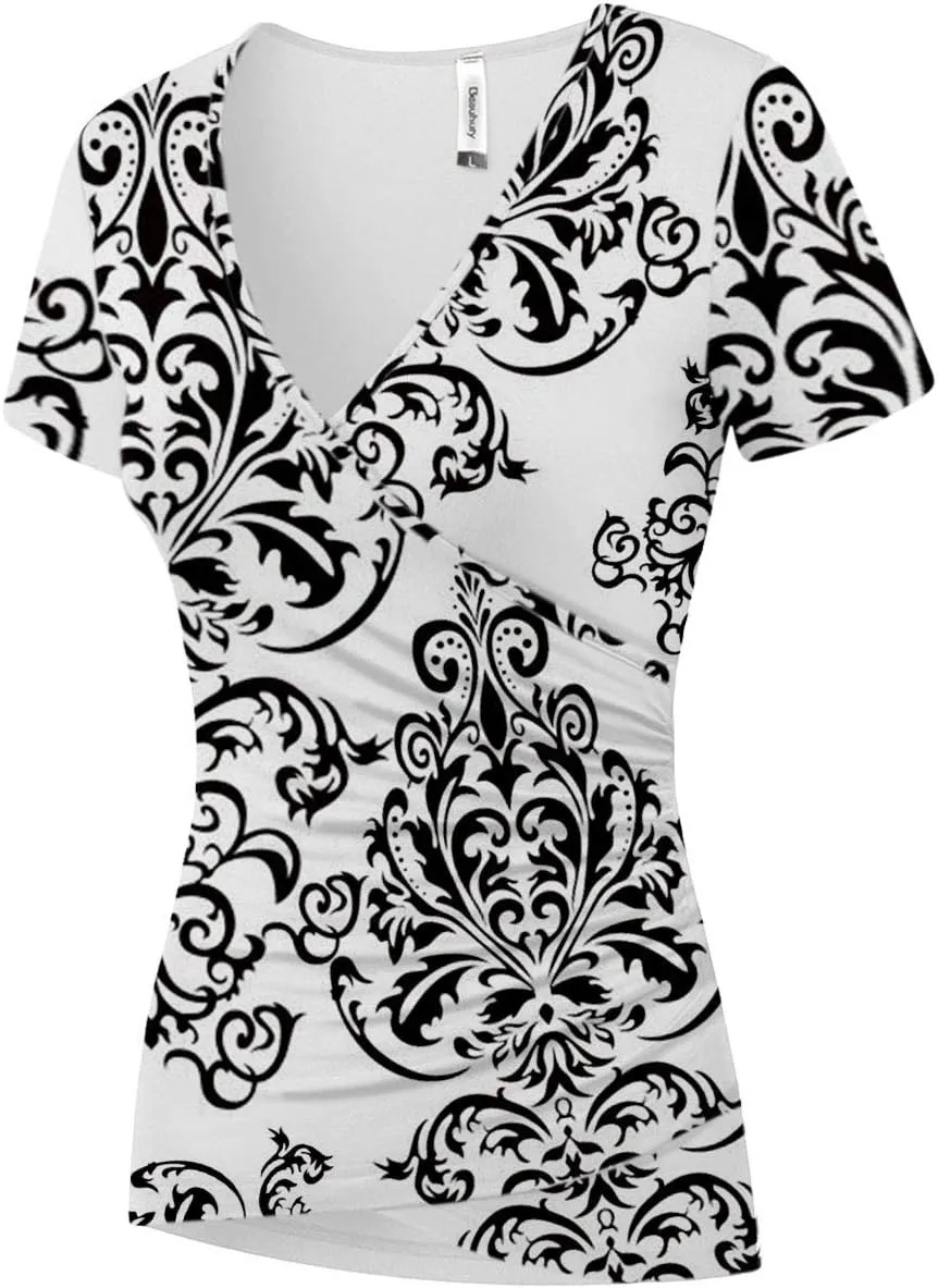 Beauhuty Women's Top Deep V Neck Slim Fitted T-Shirt Front Wrap Ruched Short Sleeve Tee