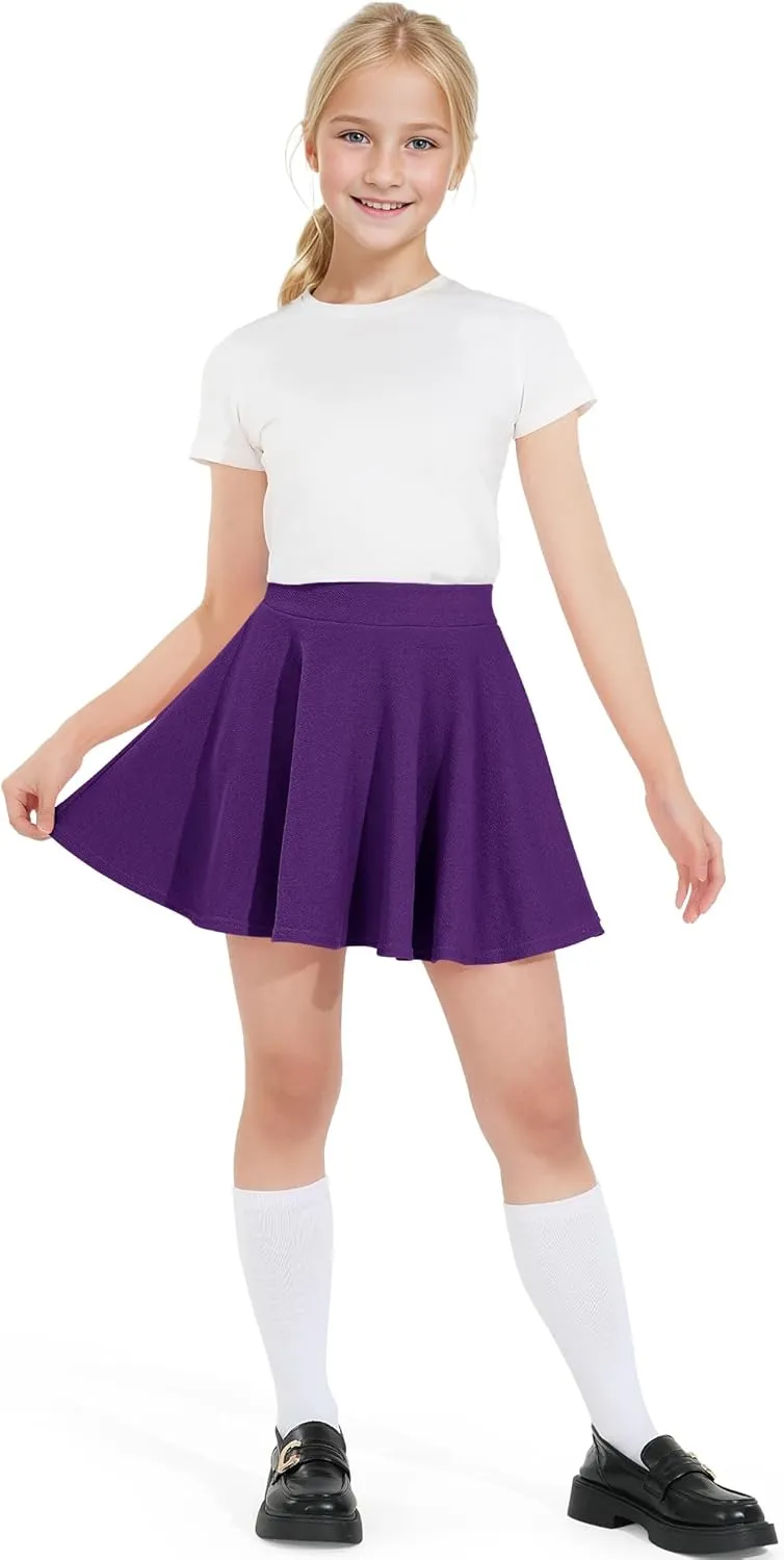 BOOPH Kids Girls Skirt Casual Mini Flare Plain Pleated Stretch Waist Skater Uniform Skirts