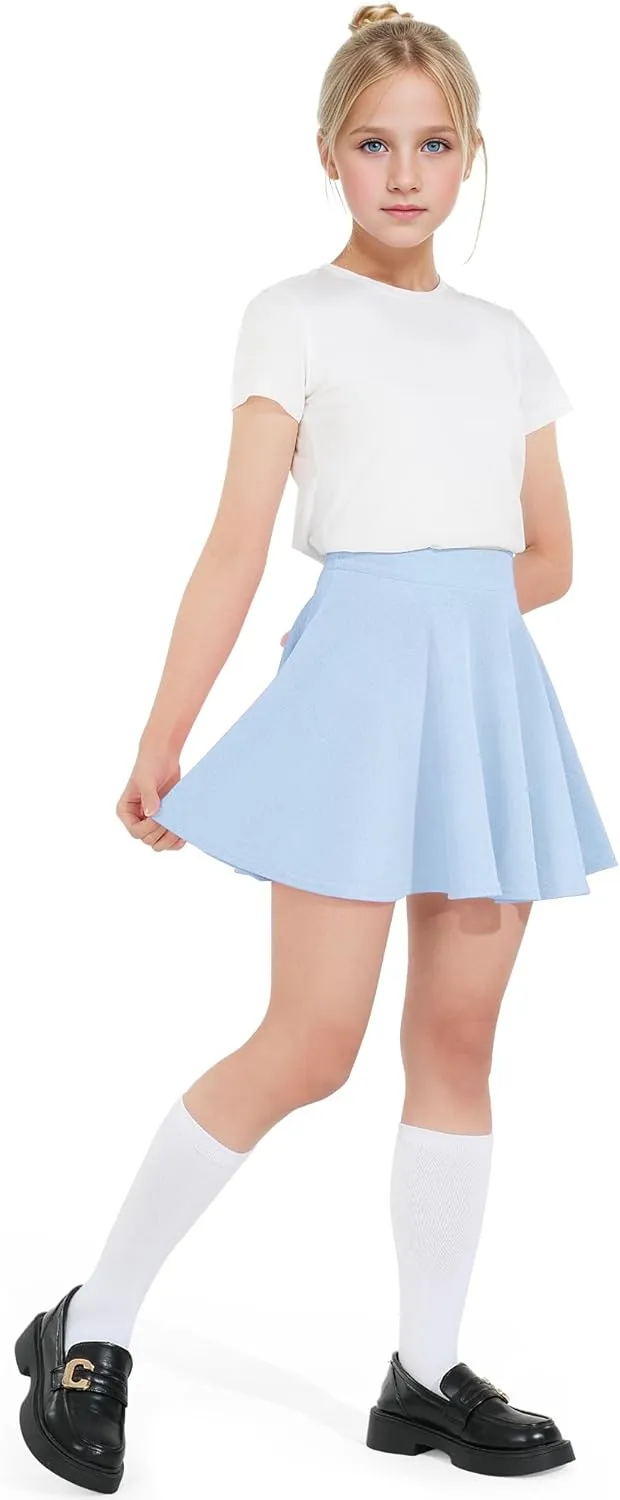 BOOPH Kids Girls Skirt Casual Mini Flare Plain Pleated Stretch Waist Skater Uniform Skirts