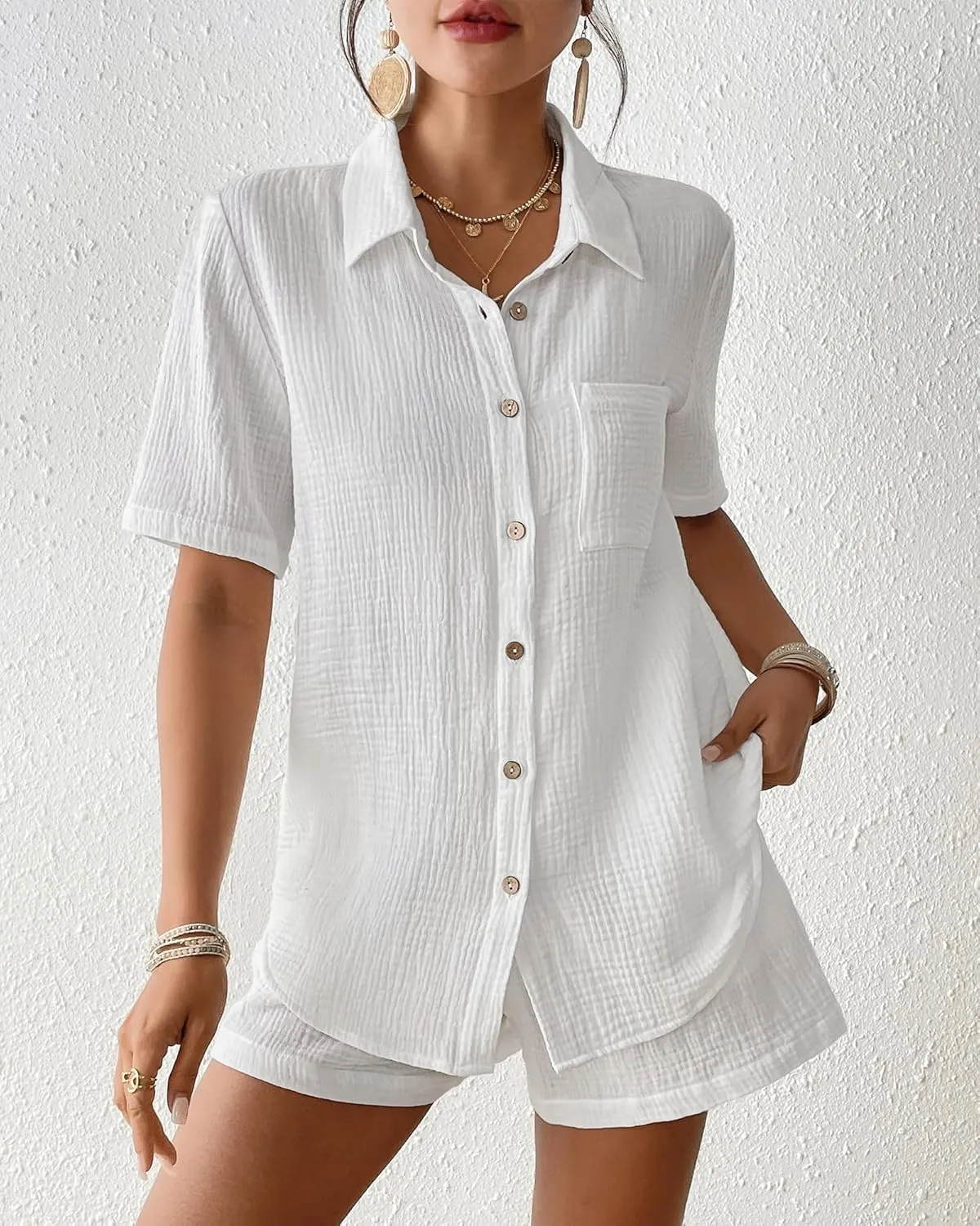 Bsubseach Womens 2 Piece Cover Ups Set Cotton Beach Short Sets Short Sleeve Button Down Shirt Shorts Resort Wear 2025