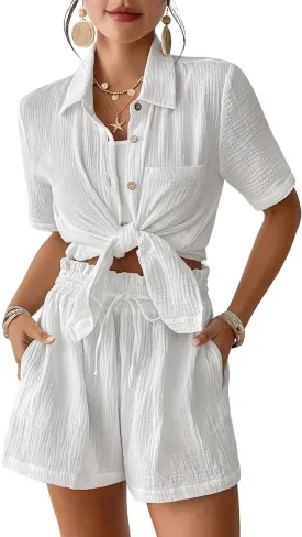 Bsubseach Womens 2 Piece Cover Ups Set Cotton Beach Short Sets Short Sleeve Button Down Shirt Shorts Resort Wear 2025