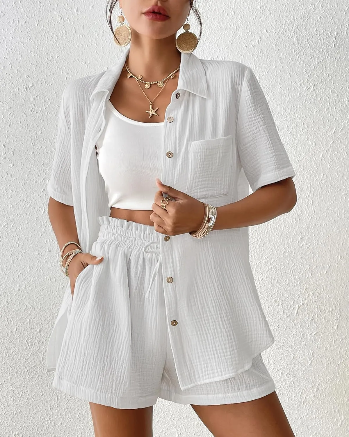 Bsubseach Womens 2 Piece Cover Ups Set Cotton Beach Short Sets Short Sleeve Button Down Shirt Shorts Resort Wear 2025