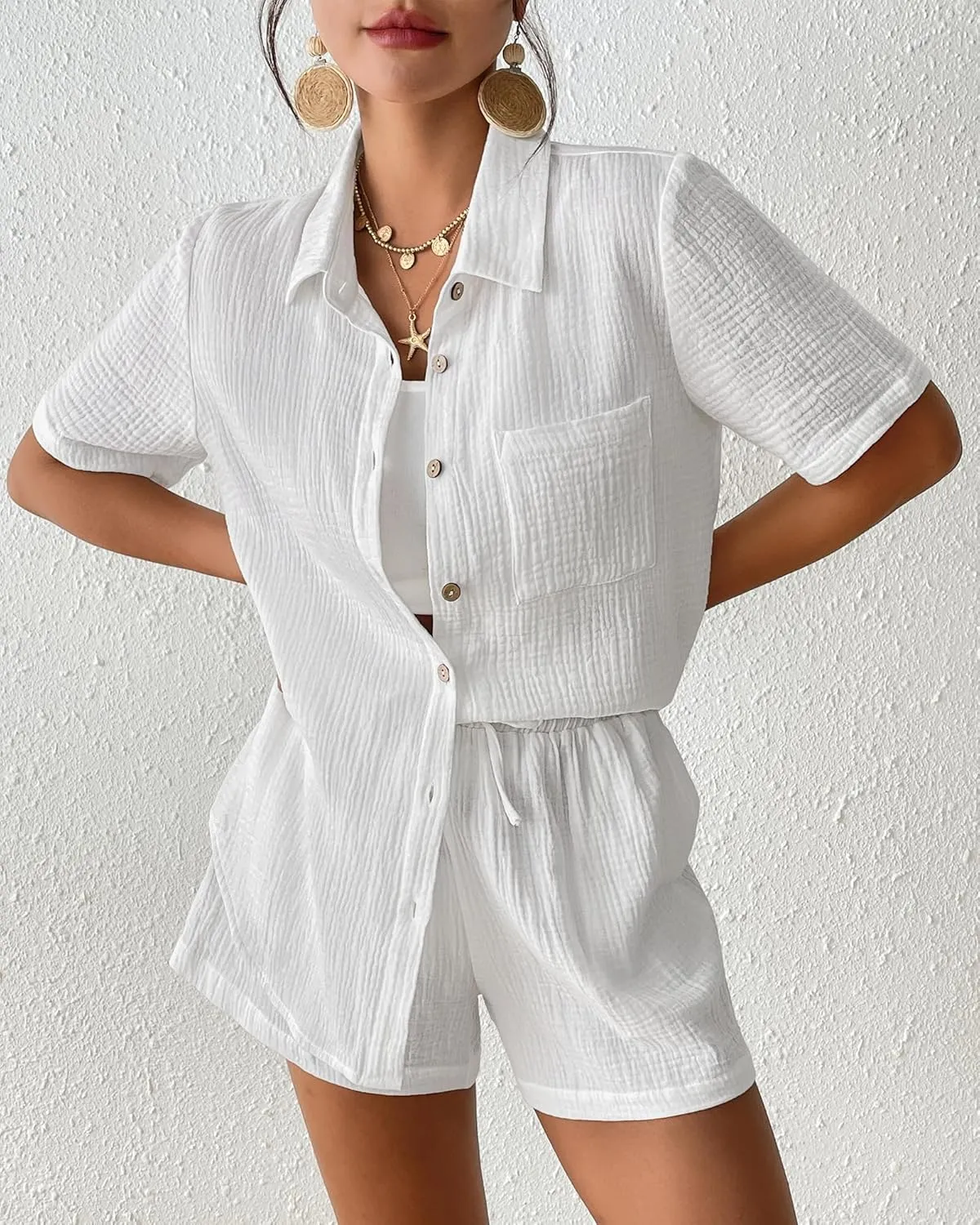 Bsubseach Womens 2 Piece Cover Ups Set Cotton Beach Short Sets Short Sleeve Button Down Shirt Shorts Resort Wear 2025
