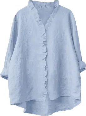 Button Down Shirt for Women Dressy Casual Cotton Linen 3/4 Sleeve Hi-Low Hem Blouse Ruffle Trim V Neck Summer Beach Tops