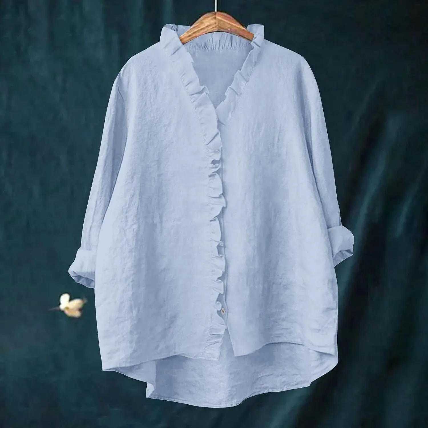 Button Down Shirt for Women Dressy Casual Cotton Linen 3/4 Sleeve Hi-Low Hem Blouse Ruffle Trim V Neck Summer Beach Tops