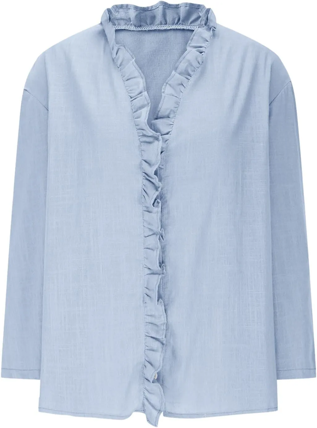 Button Down Shirt for Women Dressy Casual Cotton Linen 3/4 Sleeve Hi-Low Hem Blouse Ruffle Trim V Neck Summer Beach Tops