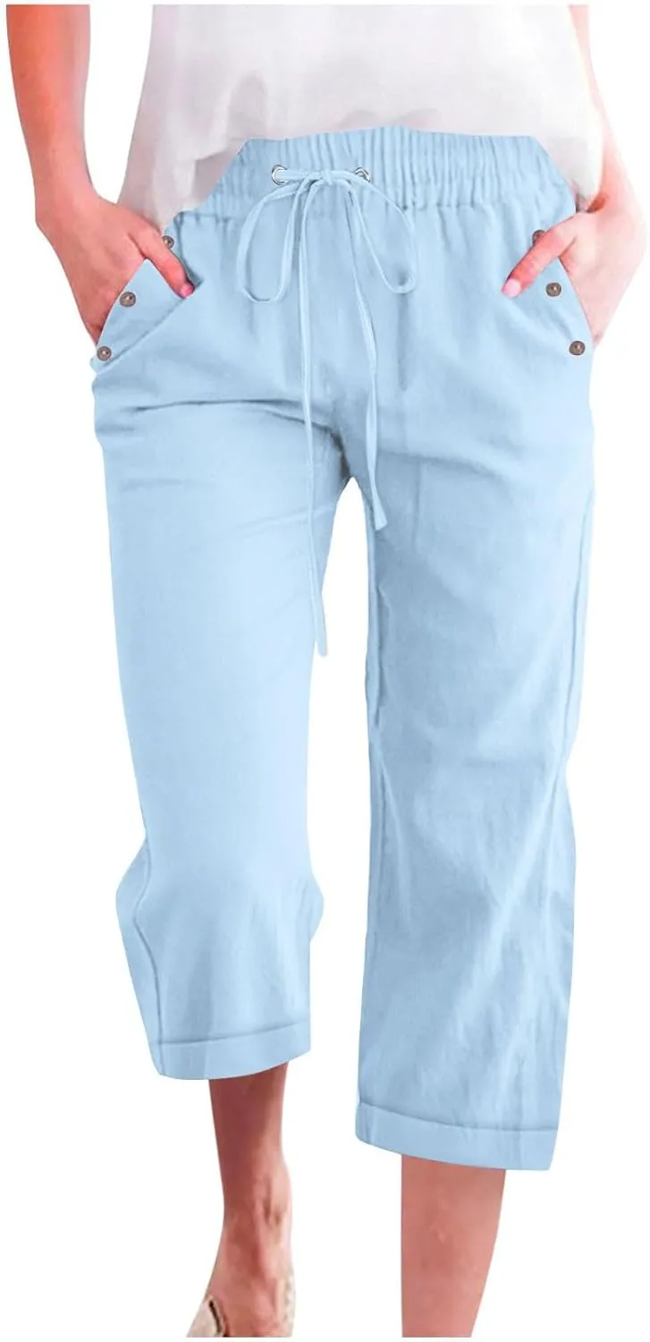 Capri Linen Pants for Women Cotton Casual Summer Capris Drawstring High Waist Pants Wide Leg Buttons Cropped Trousers