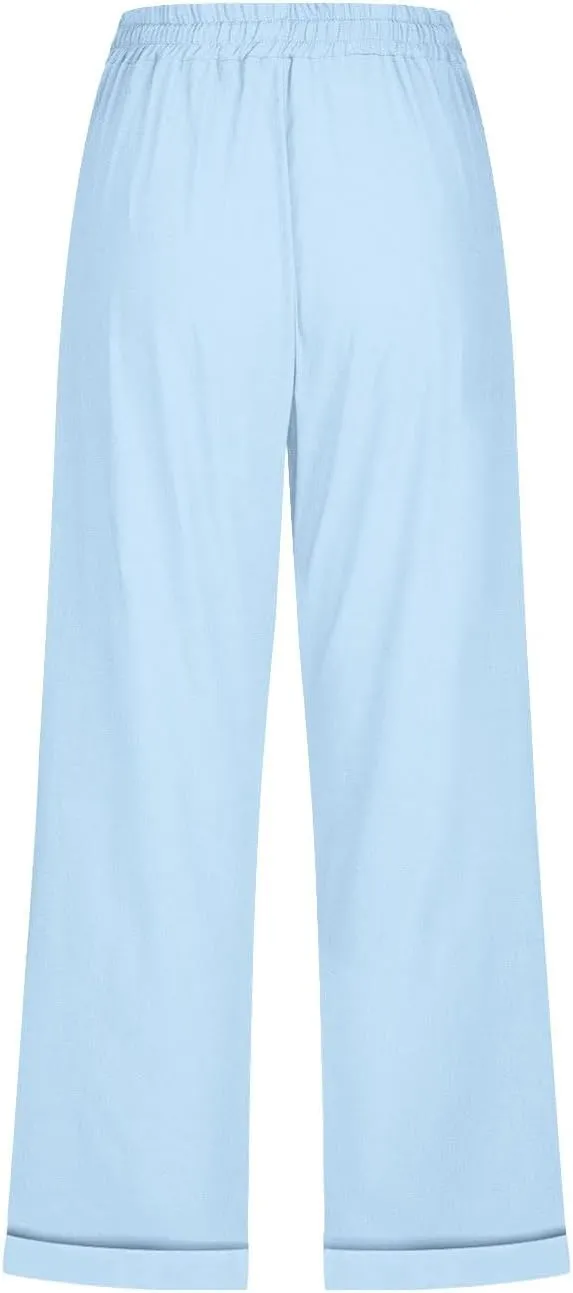 Capri Linen Pants for Women Cotton Casual Summer Capris Drawstring High Waist Pants Wide Leg Buttons Cropped Trousers