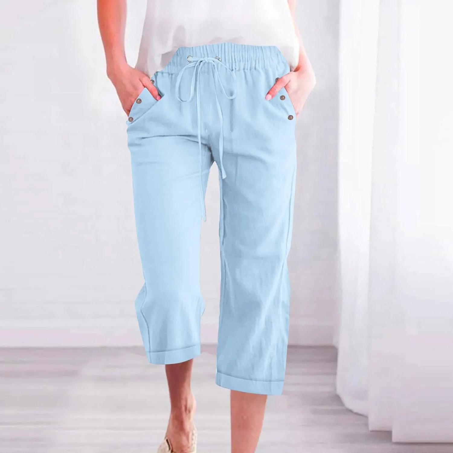 Capri Linen Pants for Women Cotton Casual Summer Capris Drawstring High Waist Pants Wide Leg Buttons Cropped Trousers