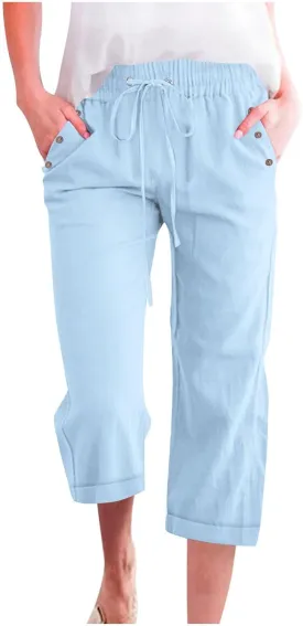 Capri Linen Pants for Women Cotton Casual Summer Capris Drawstring High Waist Pants Wide Leg Buttons Cropped Trousers