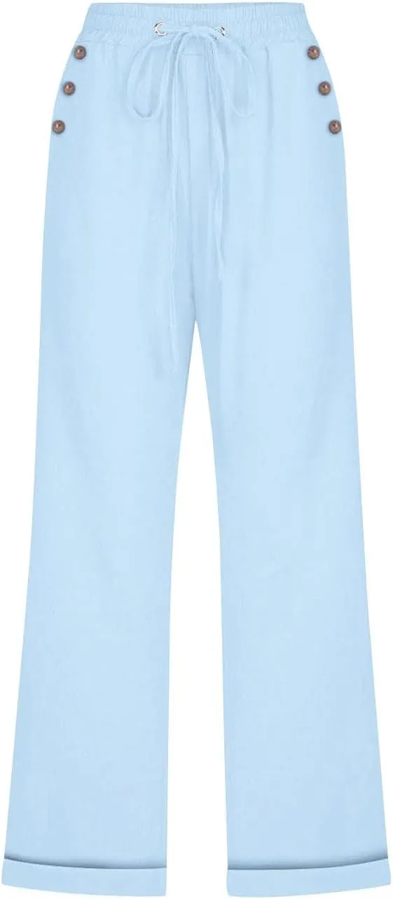 Capri Linen Pants for Women Cotton Casual Summer Capris Drawstring High Waist Pants Wide Leg Buttons Cropped Trousers