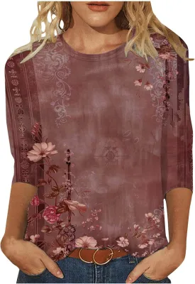 Ceboyel 3/4 Sleeve Tops for Women Summer Floral Paisley Print Tees Shirts Trendy Ladies Blouses Dressy Casual Clothing 2023