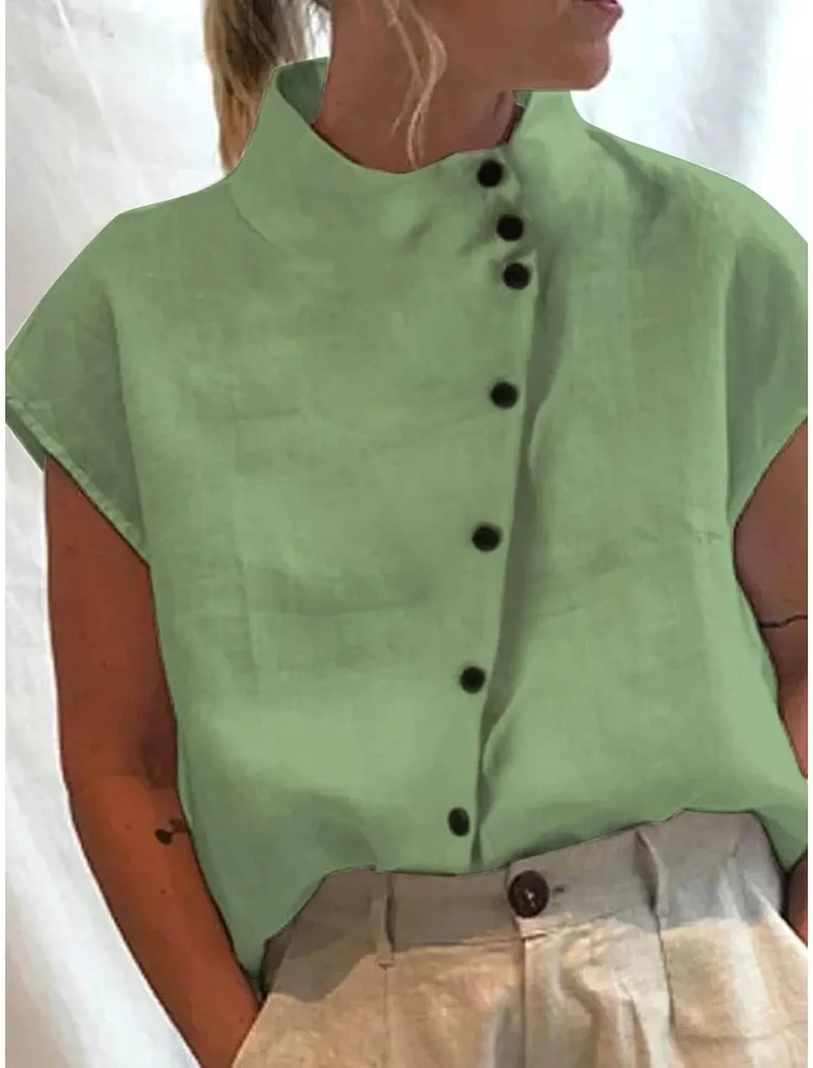 Ceboyel Women Linen Summer Shirt Dressy Causal Boho Blouses Short Sleeve Turtle Neck Tops Trendy Ladies Going Out Clothes