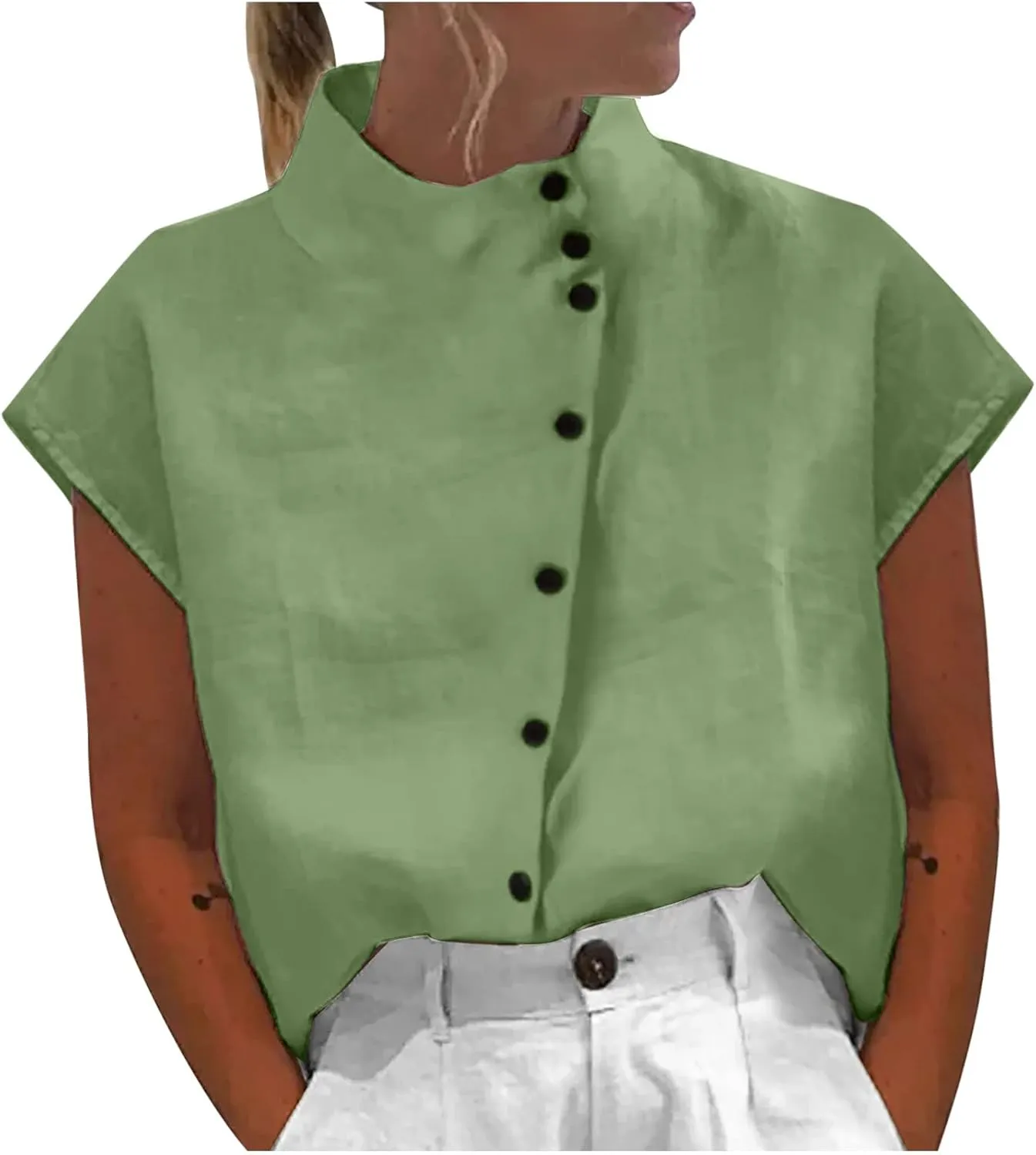 Ceboyel Women Linen Summer Shirt Dressy Causal Boho Blouses Short Sleeve Turtle Neck Tops Trendy Ladies Going Out Clothes