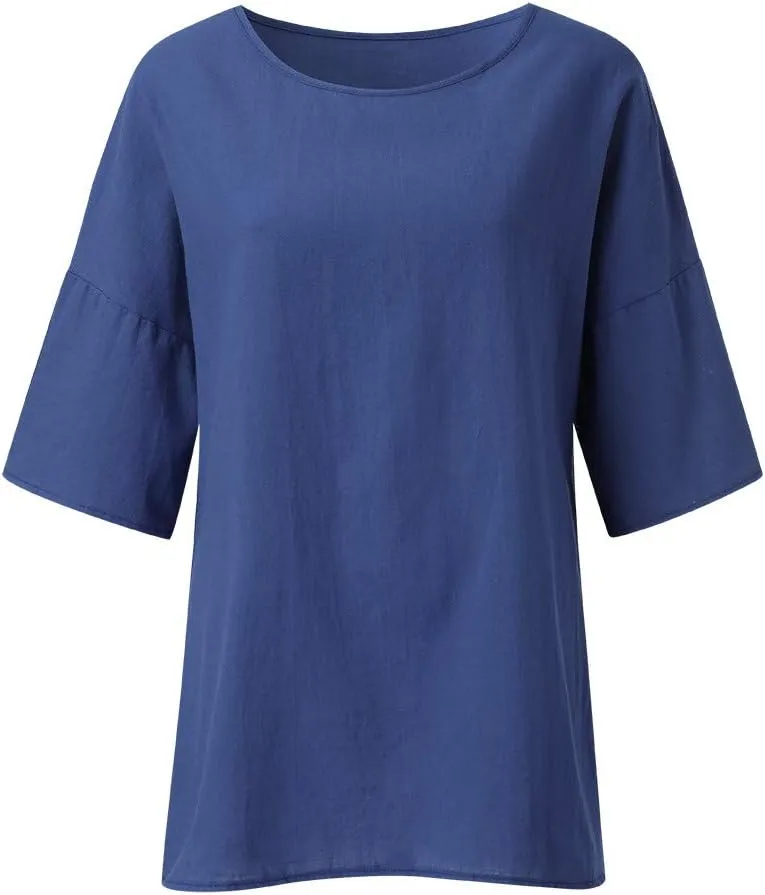 Ceboyel Women's Cotton Linen Tunic Shirts Dandelion Print Summer Tops 3/4 Sleeve Blouse Tshirts Bohemian Style Clothes 2023