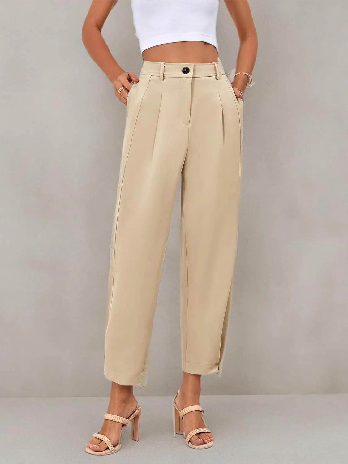 Cicy Bell Casual Dress Pants High Waisted Button Work Office Pleated Trousers with Pockets