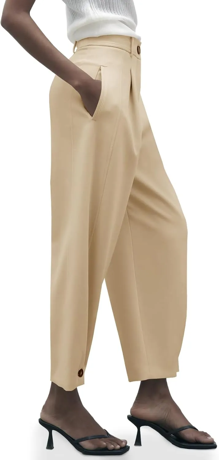 Cicy Bell Casual Dress Pants High Waisted Button Work Office Pleated Trousers with Pockets