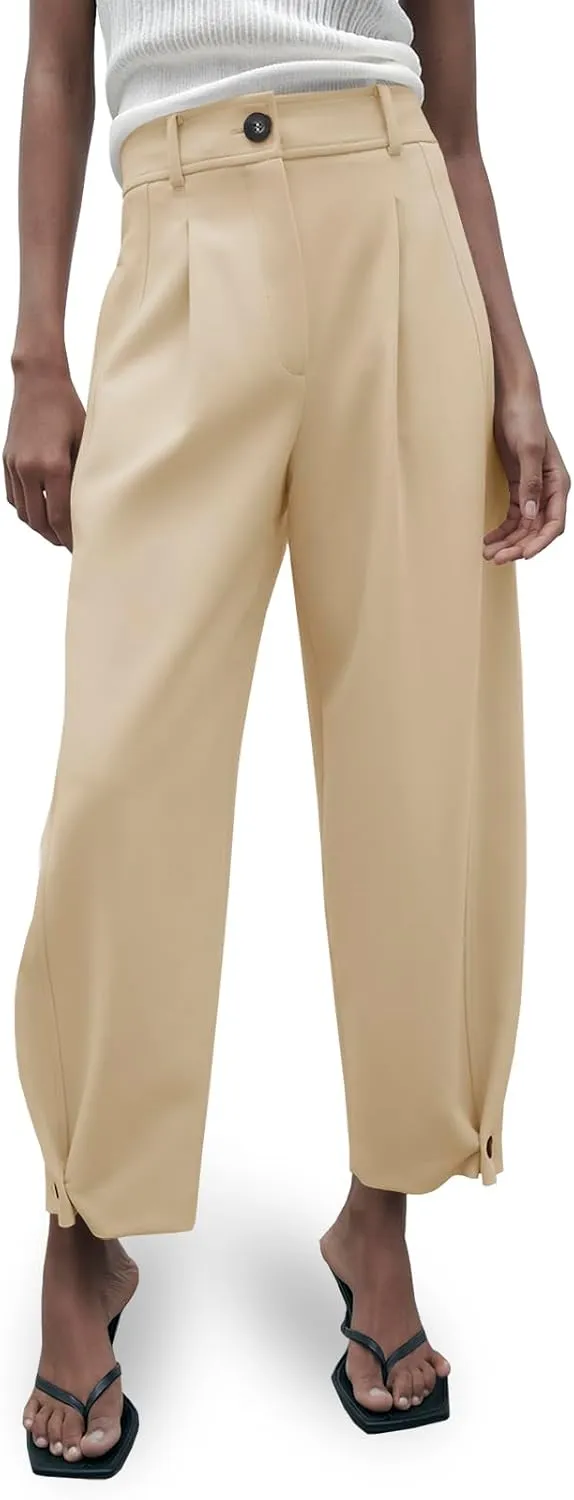 Cicy Bell Casual Dress Pants High Waisted Button Work Office Pleated Trousers with Pockets