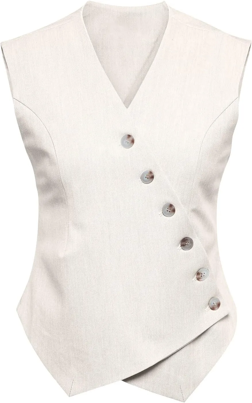 Cicy Bell Womens Waistcoat Vest Sleeveless Blazers V Neck Button Up Asymmetrical Hem Work Office Suit Vests