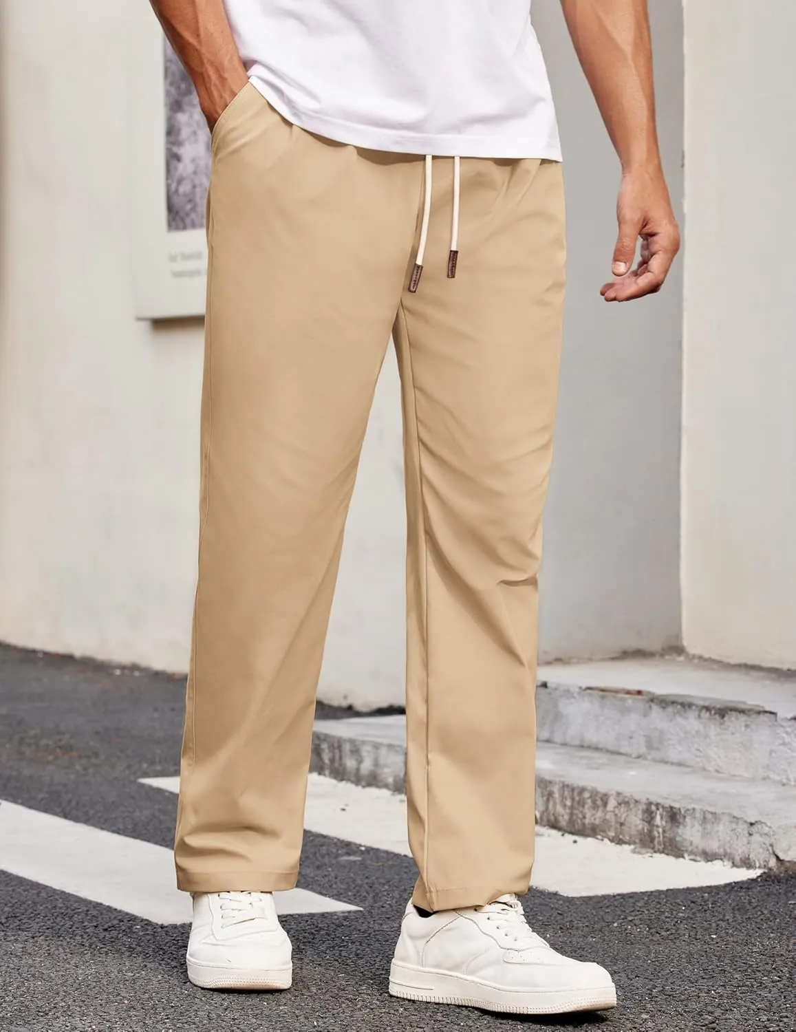COOFANDY Men's Casual Chino Pants Relaxed Fit Drawstring Elastic Waist Lightweight Pant Twill Pleated Trousers