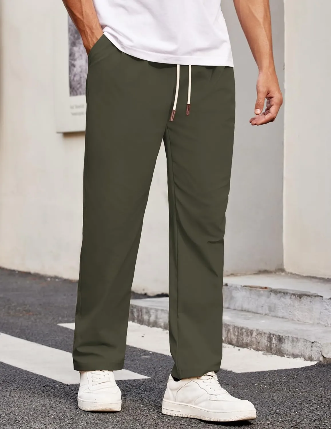 COOFANDY Men's Casual Chino Pants Relaxed Fit Drawstring Elastic Waist Lightweight Pant Twill Pleated Trousers