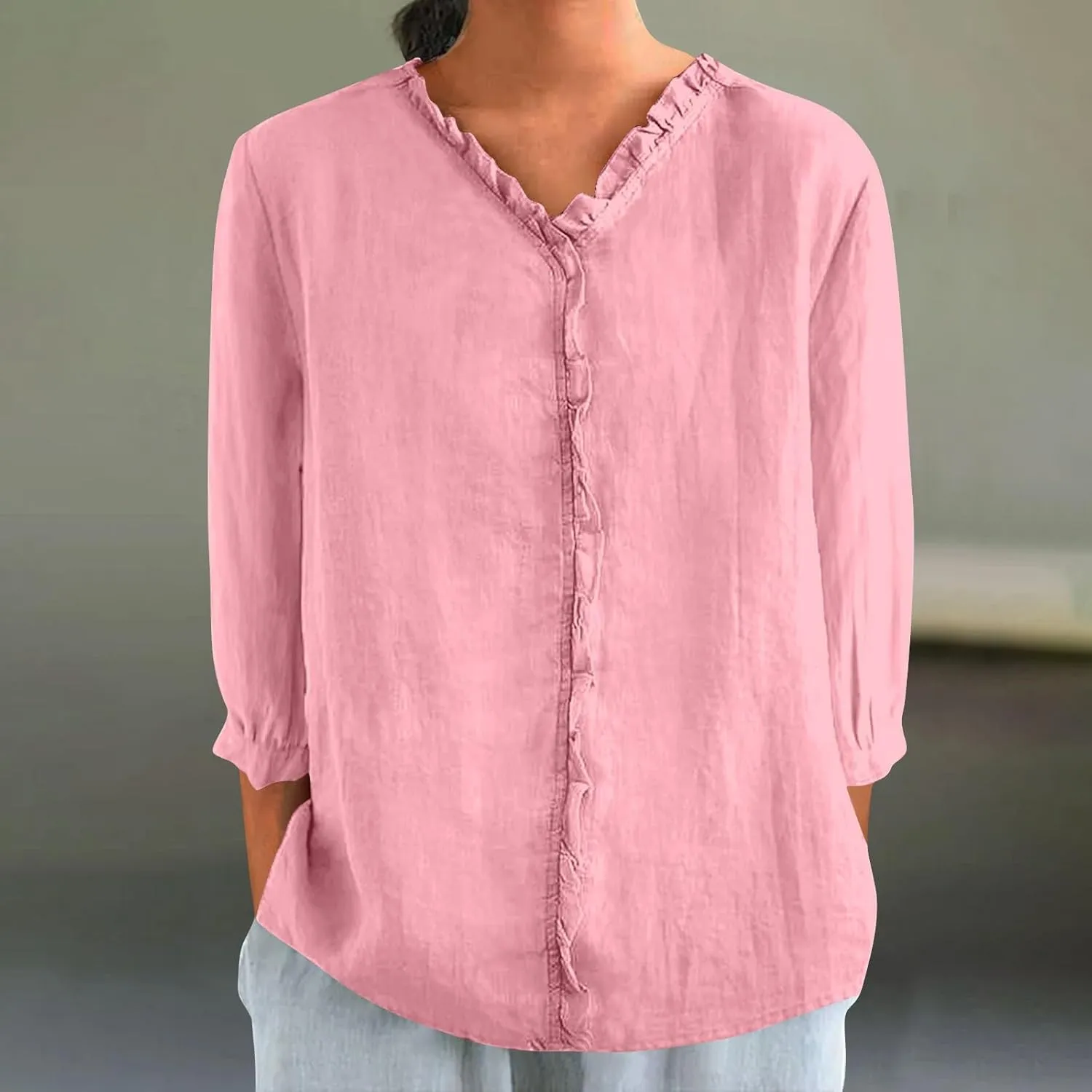 Cotton Linen Tops for Women 3/4 Sleeve Tees Frill Trim V Neck Blouse Cute Summer Vacation Breathable Shirt