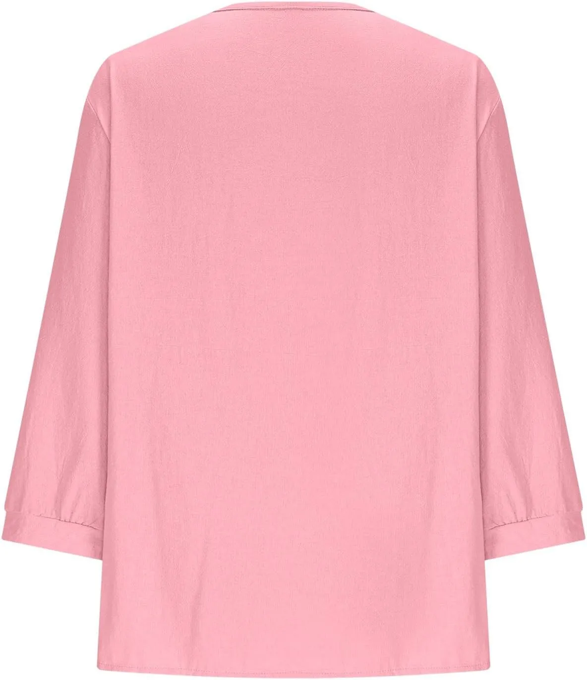 Cotton Linen Tops for Women 3/4 Sleeve Tees Frill Trim V Neck Blouse Cute Summer Vacation Breathable Shirt