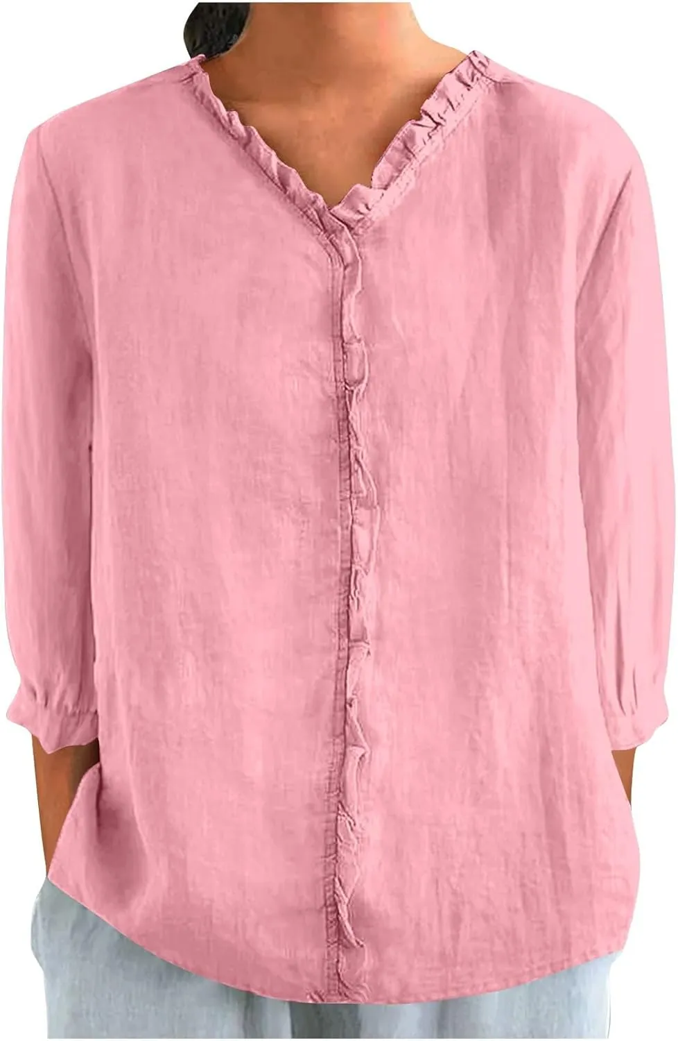 Cotton Linen Tops for Women 3/4 Sleeve Tees Frill Trim V Neck Blouse Cute Summer Vacation Breathable Shirt