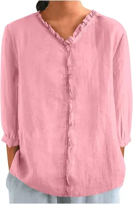 Cotton Linen Tops for Women 3/4 Sleeve Tees Frill Trim V Neck Blouse Cute Summer Vacation Breathable Shirt