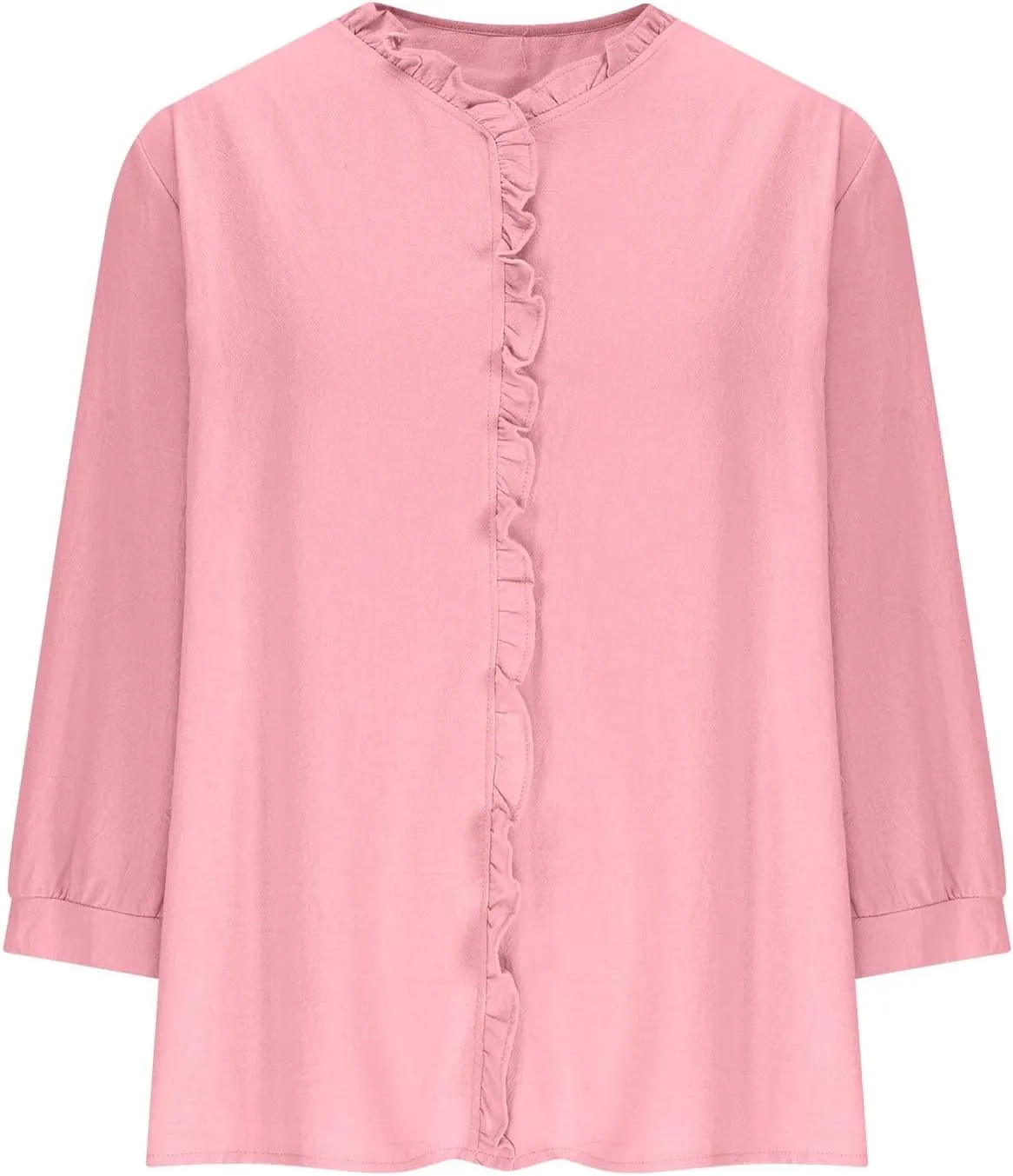 Cotton Linen Tops for Women 3/4 Sleeve Tees Frill Trim V Neck Blouse Cute Summer Vacation Breathable Shirt