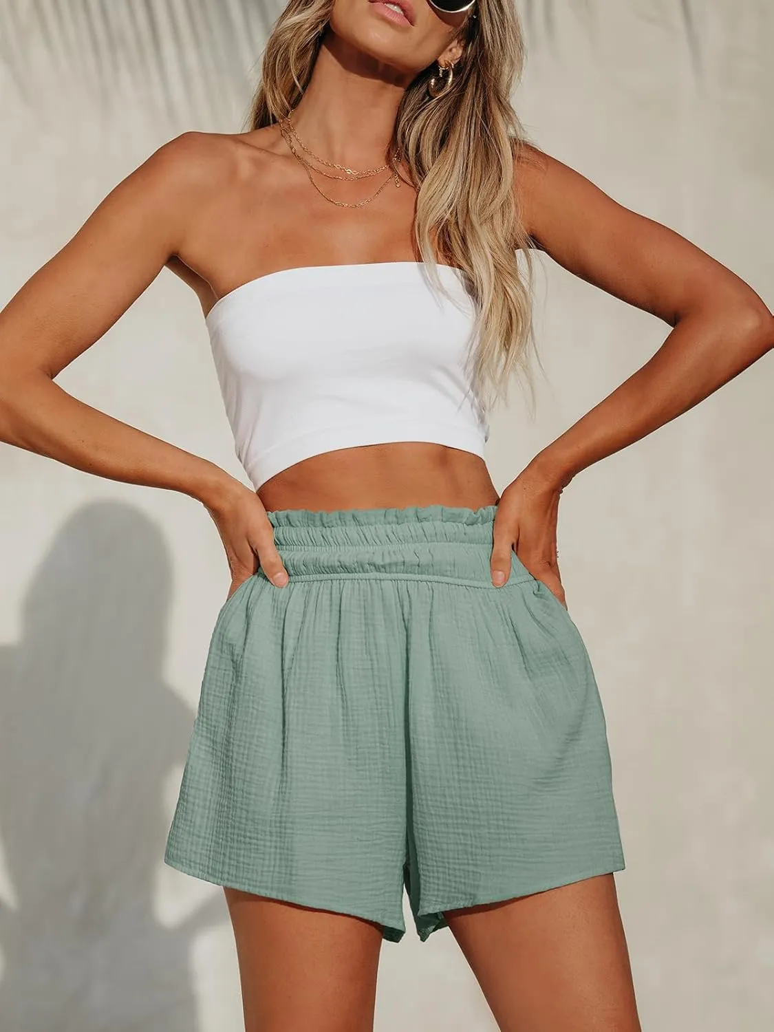 CUPSHE Women Pants Smocked Paperbag Waist Shorts Loose Fit Pant Wide Leg Casual Beach