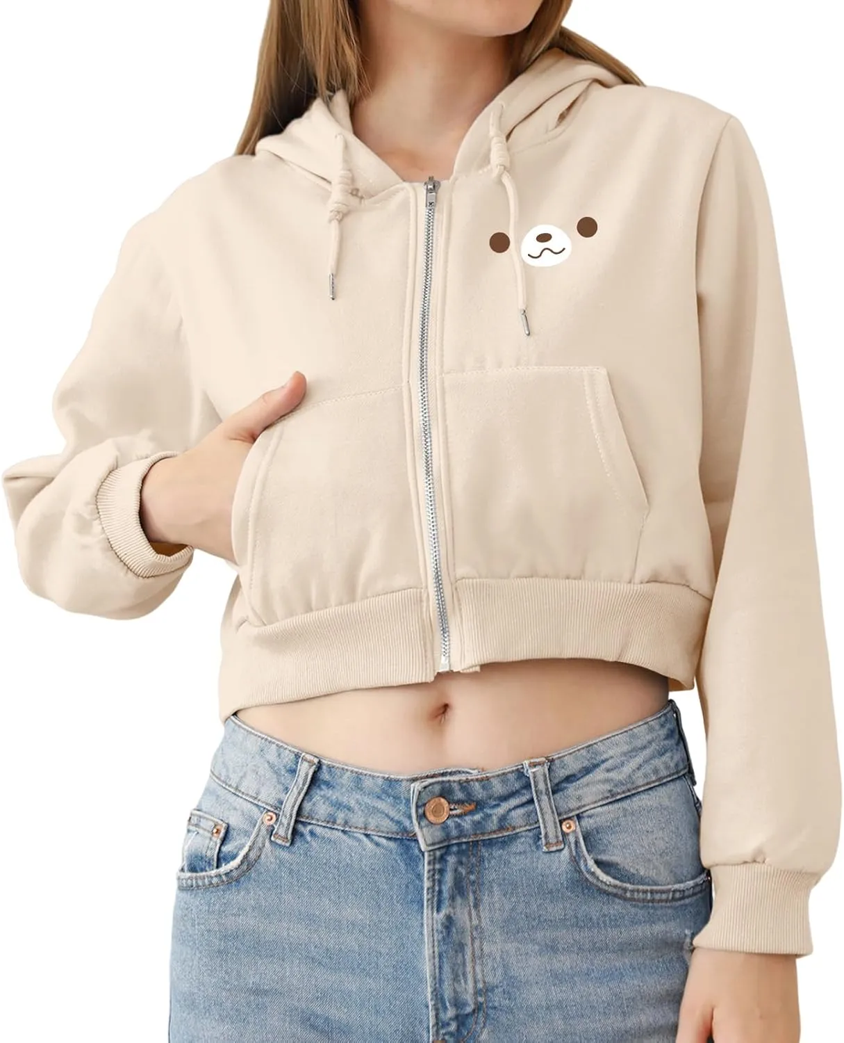 Cute Bear Cropped Zip Up Hoodies For Teen Girls Kawaii Cartoon Print Graphic Zipper Hoodie Crop Jackets For Women