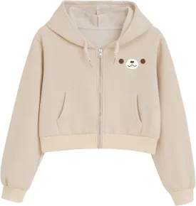 Cute Bear Cropped Zip Up Hoodies For Teen Girls Kawaii Cartoon Print Graphic Zipper Hoodie Crop Jackets For Women