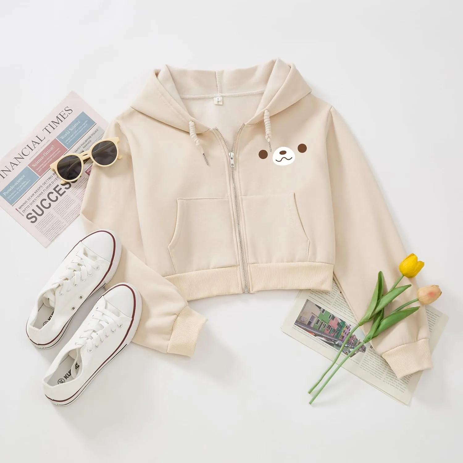 Cute Bear Cropped Zip Up Hoodies For Teen Girls Kawaii Cartoon Print Graphic Zipper Hoodie Crop Jackets For Women